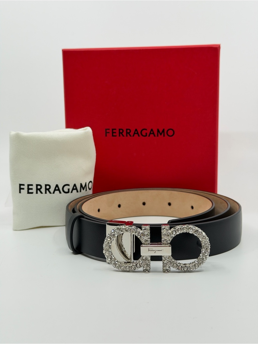 Salvatore Ferragamo Crystal Embellished Gancini Adjustable Belt in Nero Calfskin